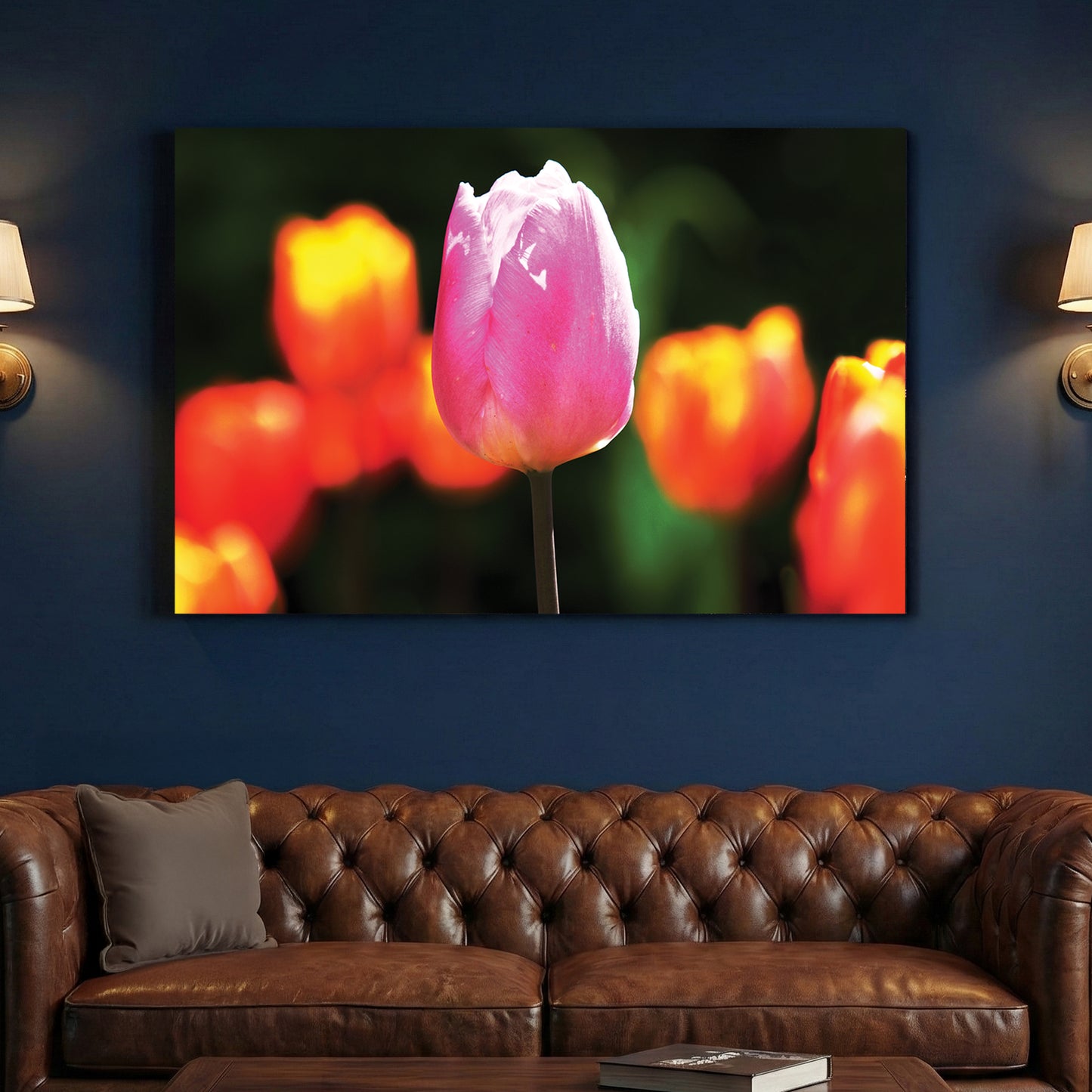 Pink Tulip Spring Bloom canvas wall art print above a sofa in a contemporary living room