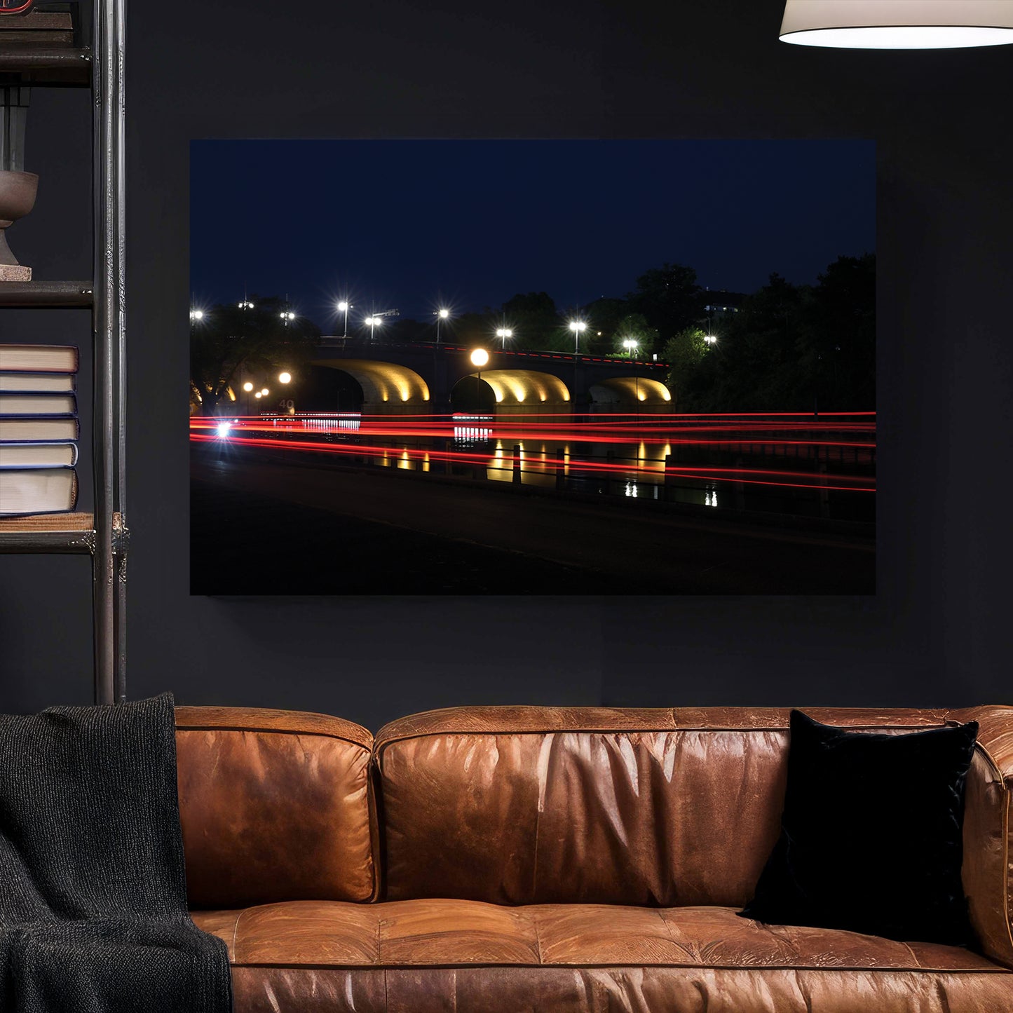 Ottawa Bridge Light Trails canvas wall art print styled in a modern interior