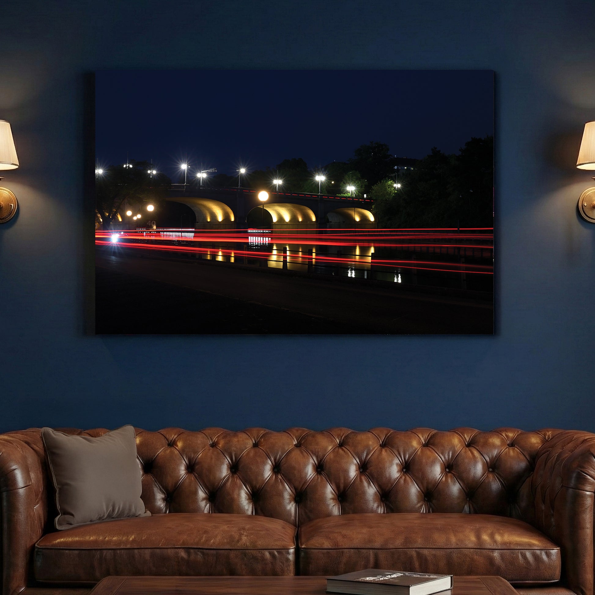 Ottawa Bridge Light Trails canvas wall art print above a sofa in a contemporary living room