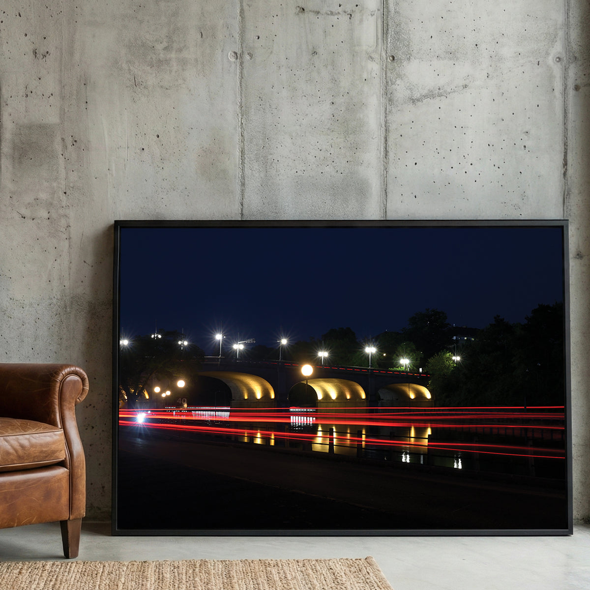 Ottawa Bridge Light Trails framed canvas wall art print in a gallery-style display