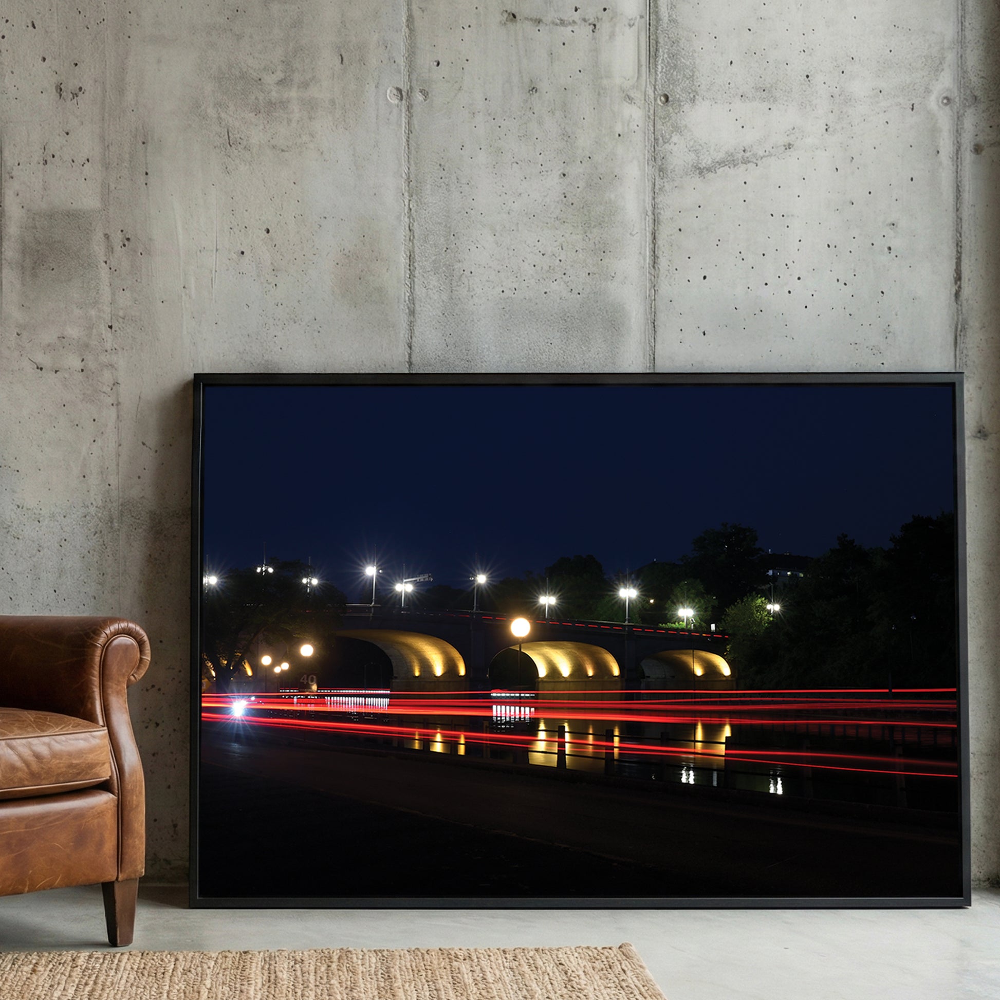 Ottawa Bridge Light Trails framed canvas wall art print in a gallery-style display