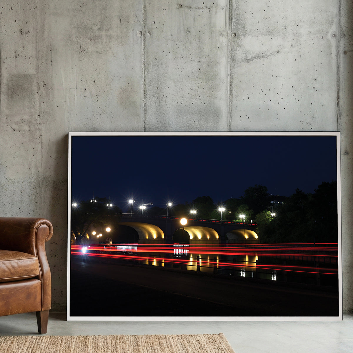 Ottawa Bridge Light Trails canvas wall art print displayed in a styled living room
