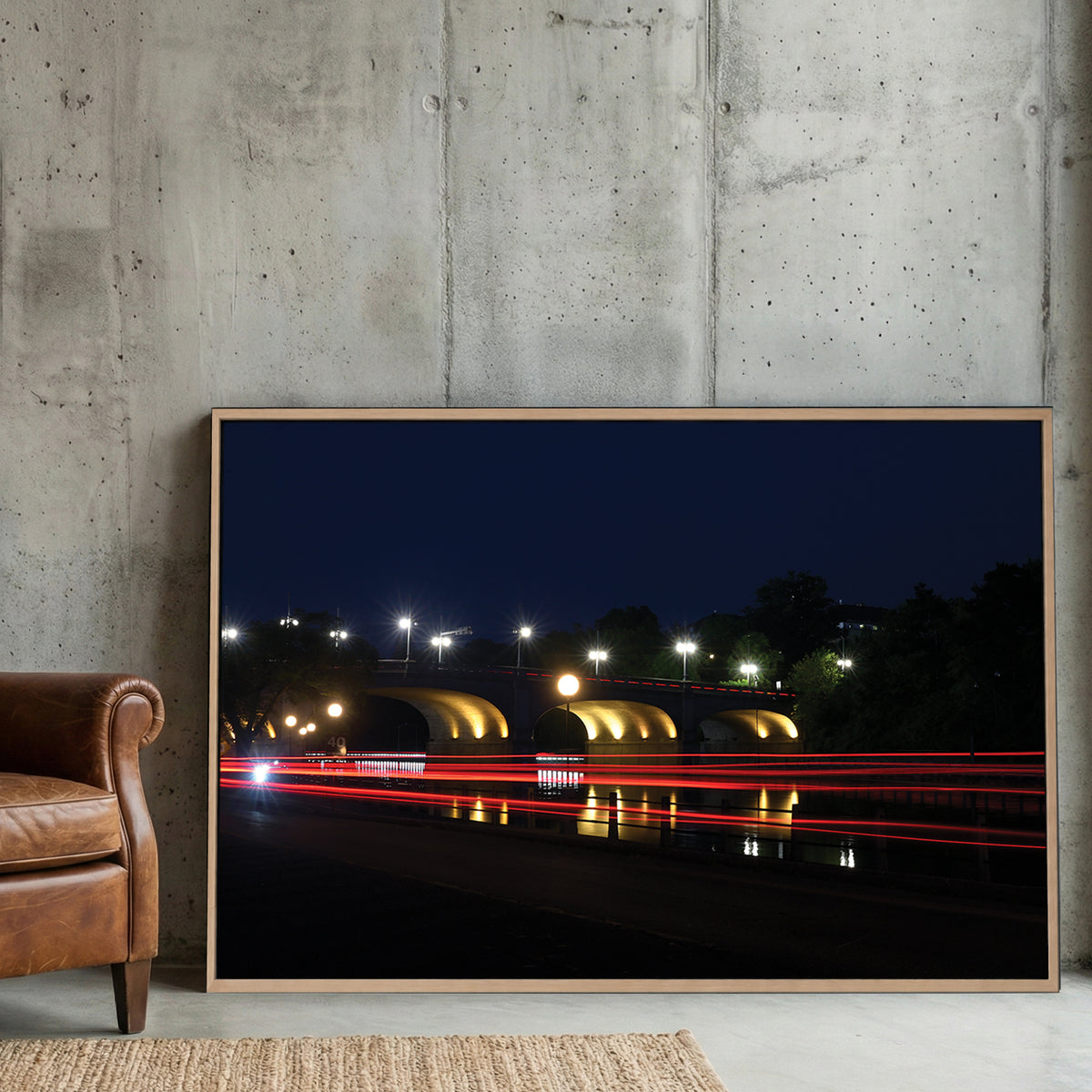 Ottawa Bridge Light Trails canvas wall art print displayed in a styled living room
