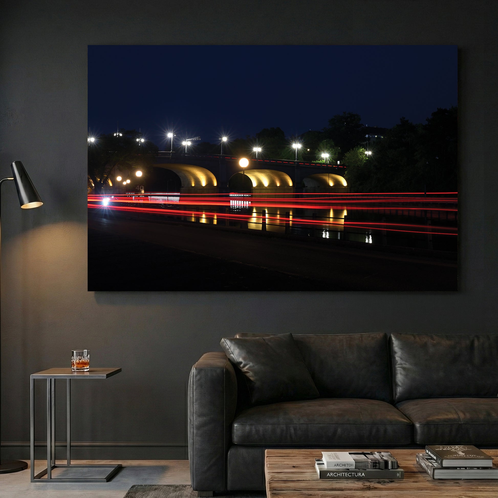 Ottawa Bridge Light Trails canvas wall art print displayed in a styled living room