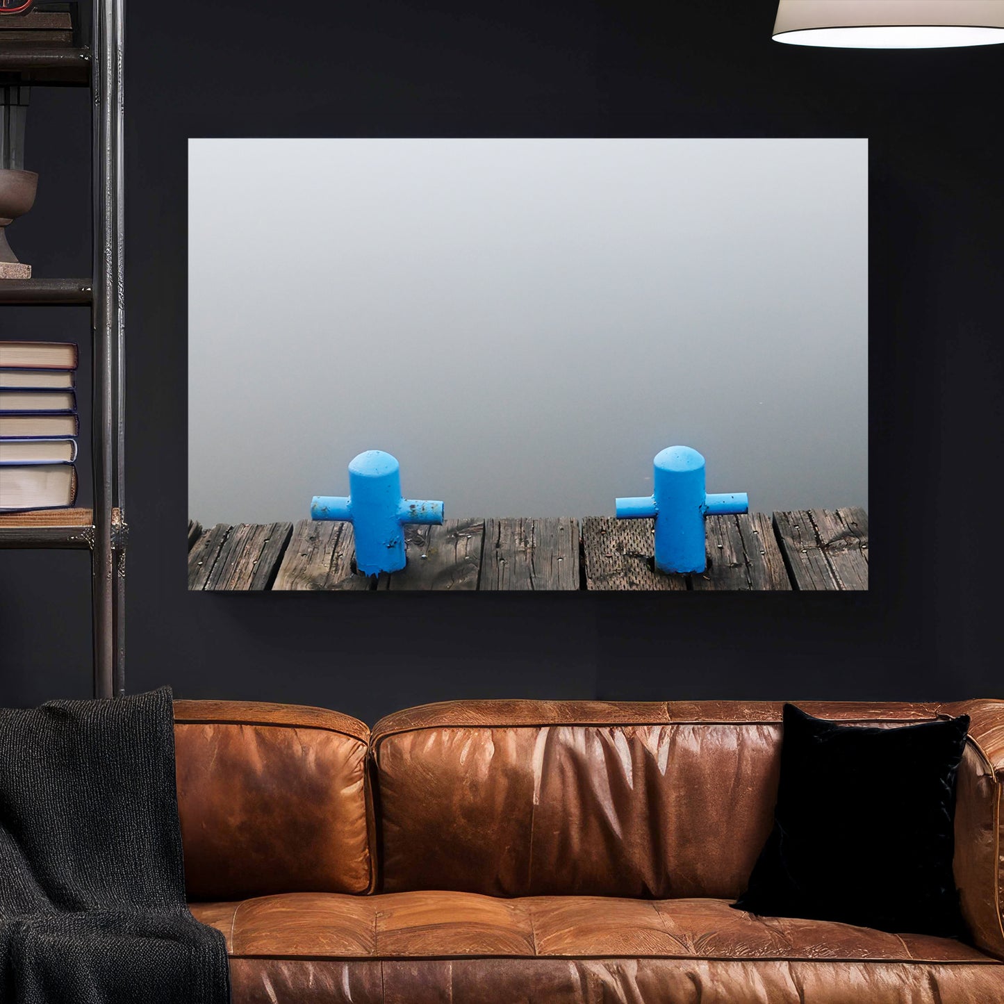 Misty Lake Dock canvas wall art print styled in a modern interior