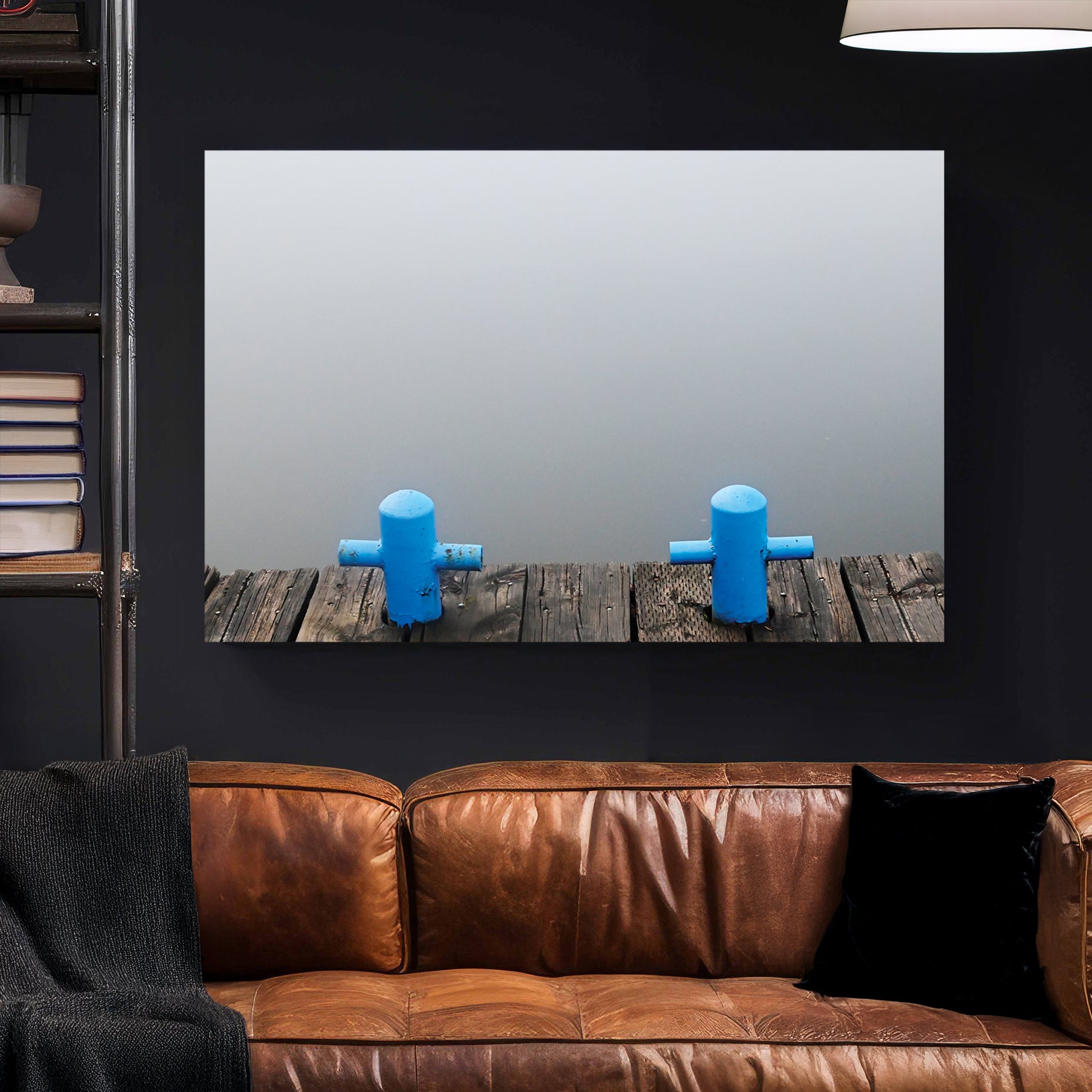 Misty Lake Dock canvas wall art print styled in a modern interior