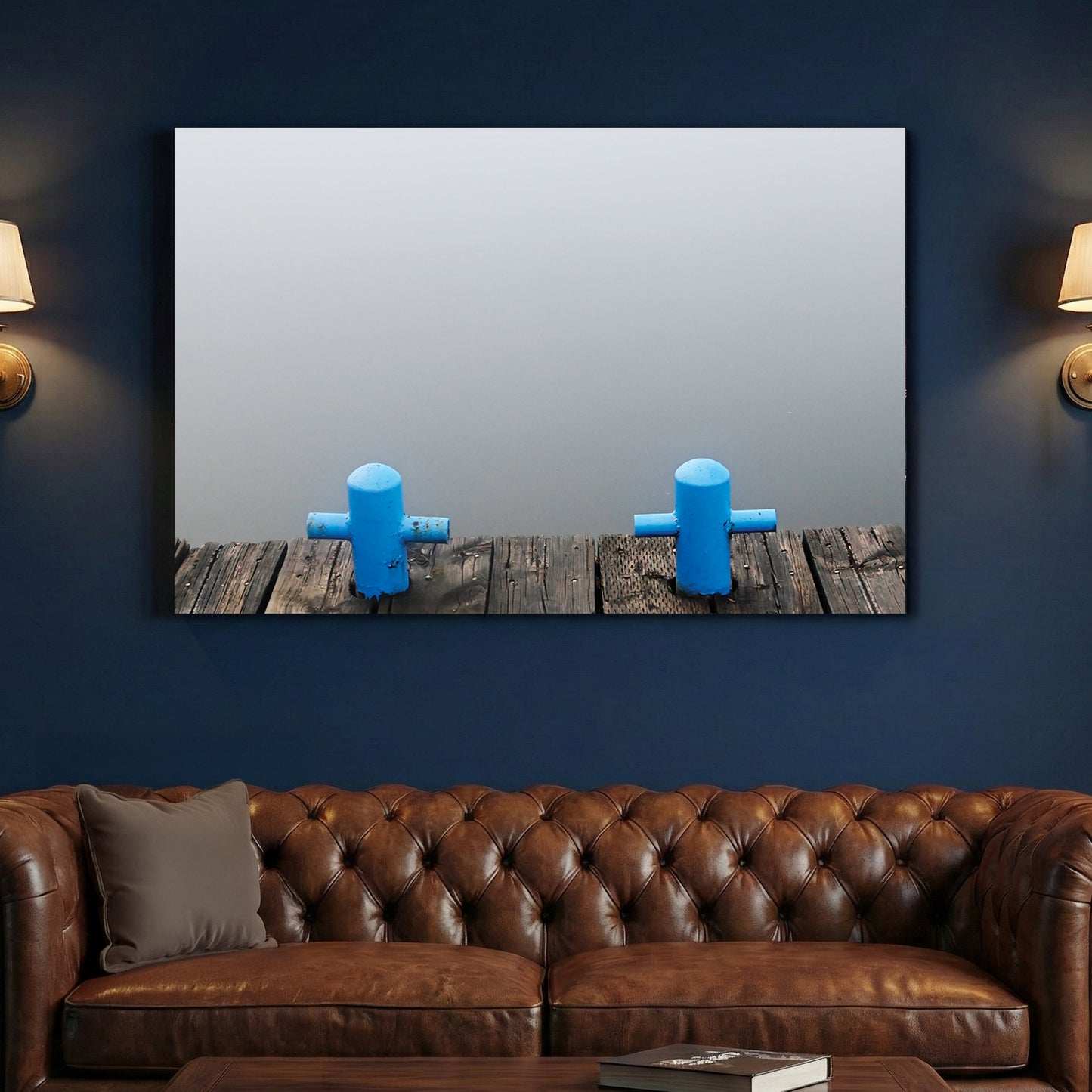 Misty Lake Dock canvas wall art print above a sofa in a contemporary living room
