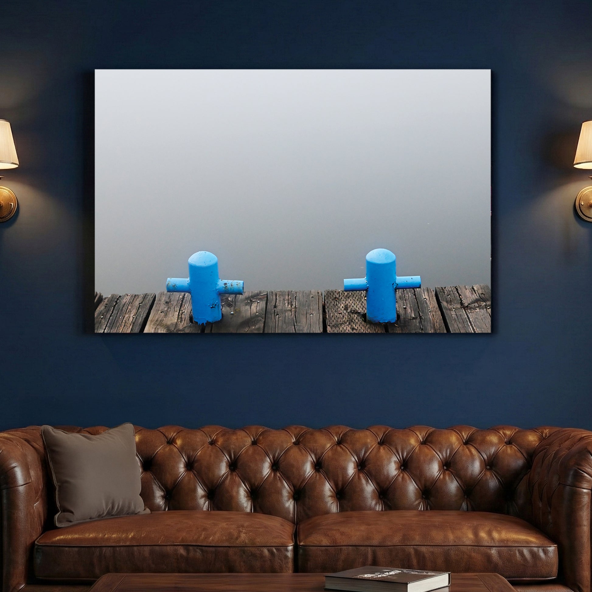Misty Lake Dock canvas wall art print above a sofa in a contemporary living room