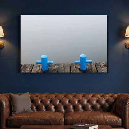 Misty Lake Dock canvas wall art print above a sofa in a contemporary living room