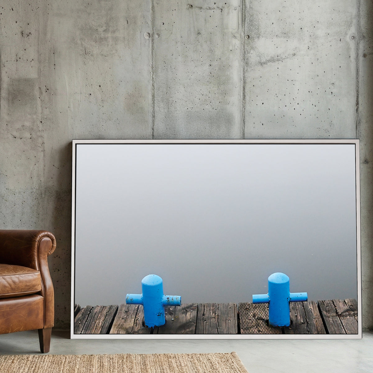 Misty Lake Dock canvas wall art print displayed in a styled living room