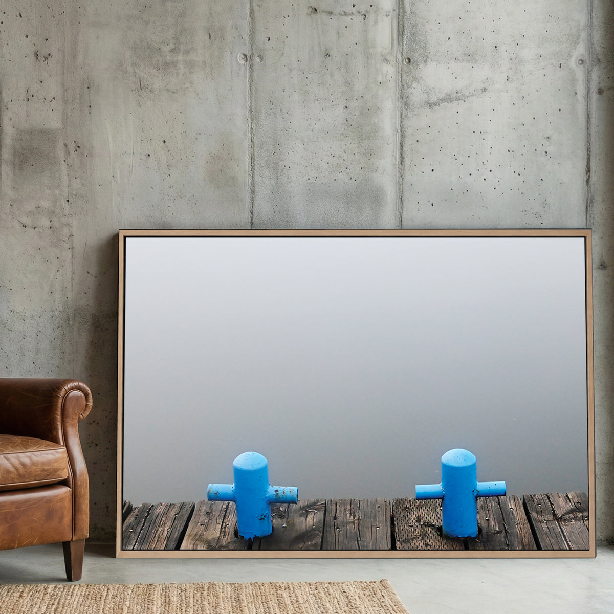 Misty Lake Dock canvas wall art print displayed in a styled living room