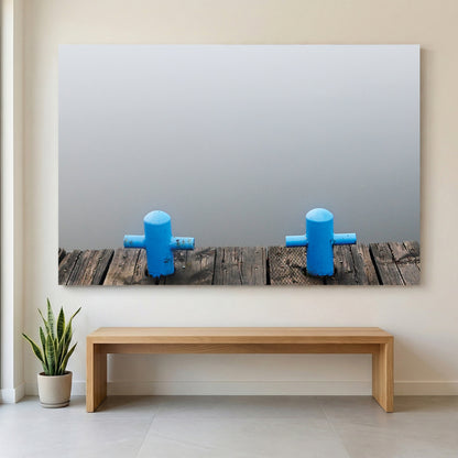 Misty Lake Dock canvas wall art print displayed in a styled living room