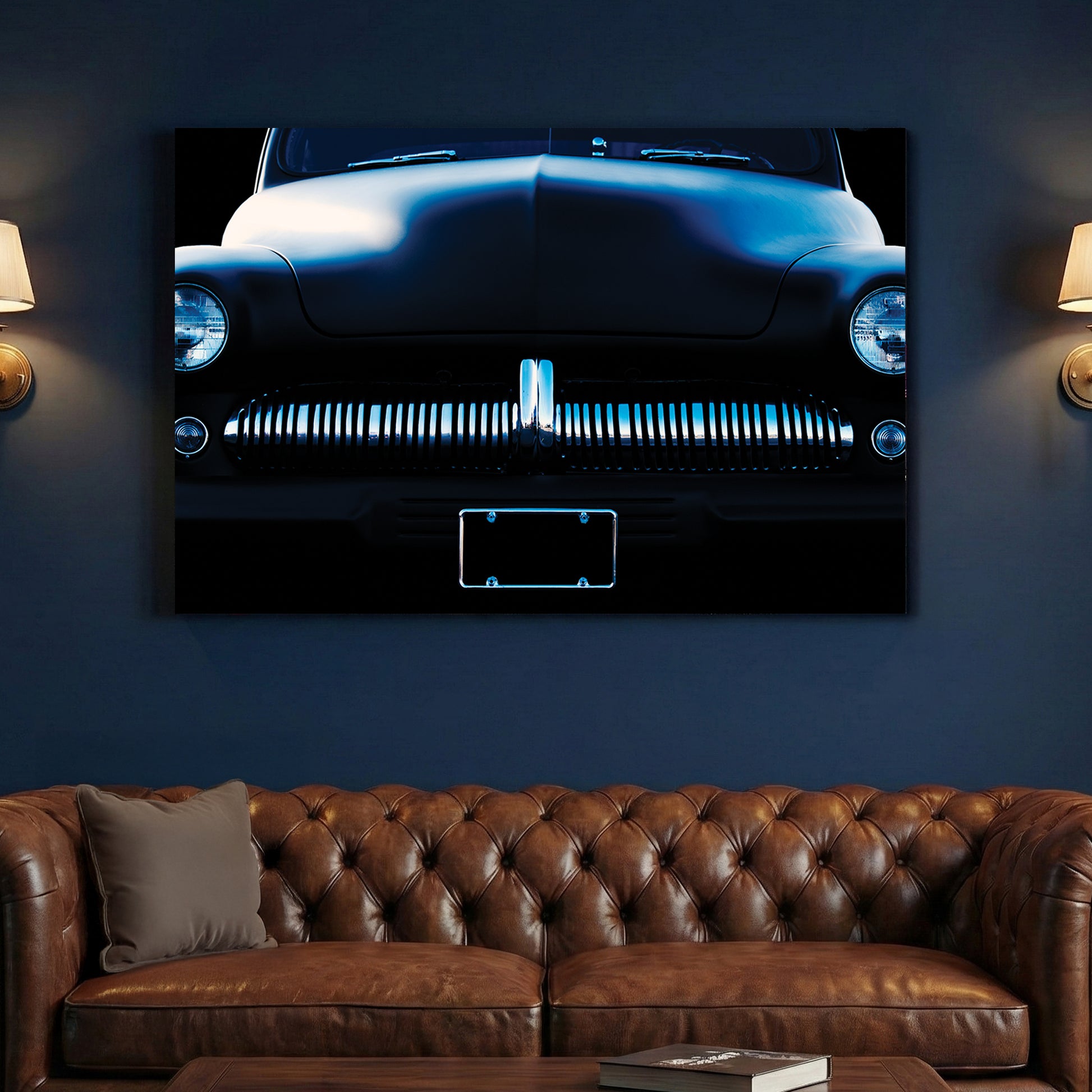 Vintage Buick Grille canvas wall art print above a sofa in a contemporary living room