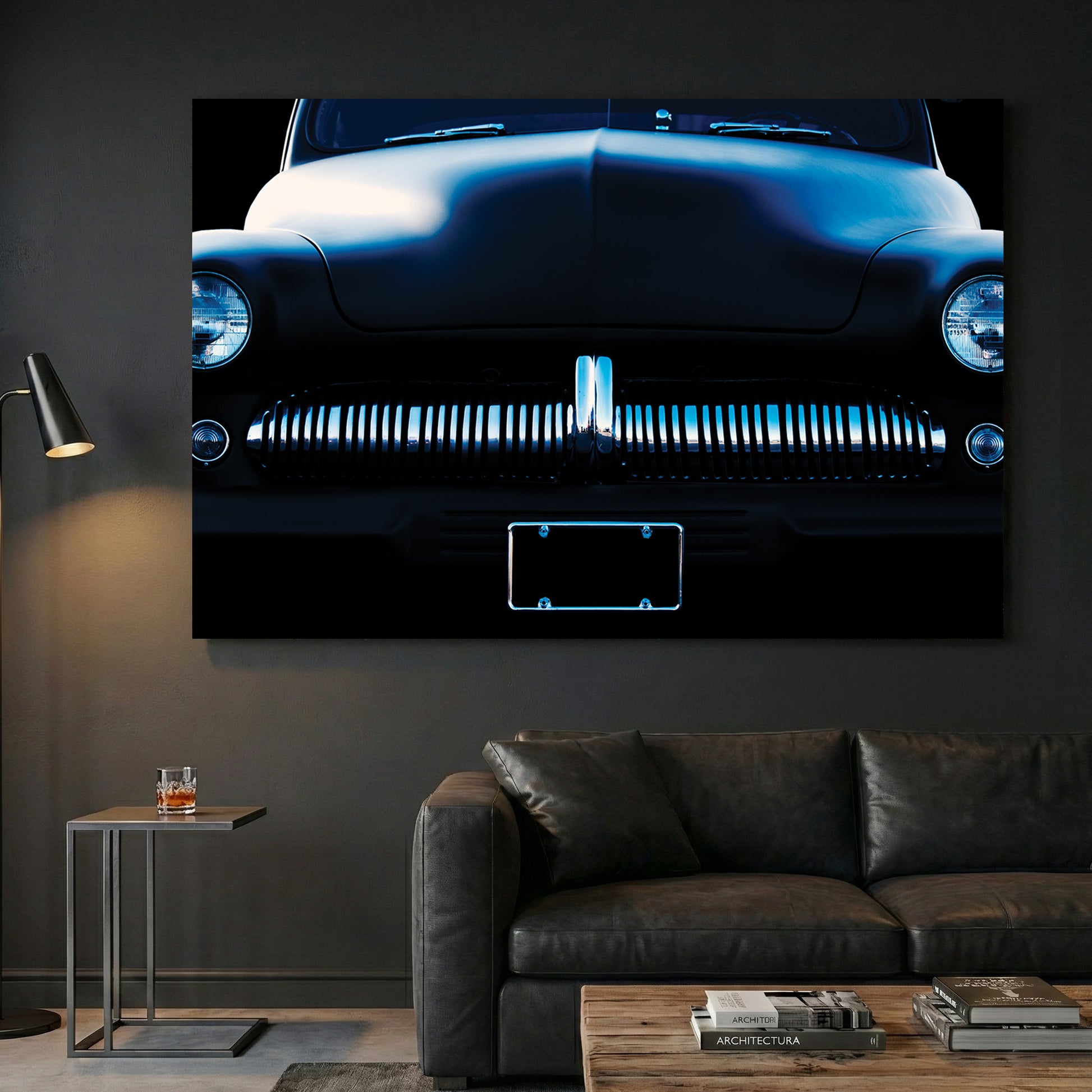 Vintage Buick Grille canvas wall art print displayed in a styled living room