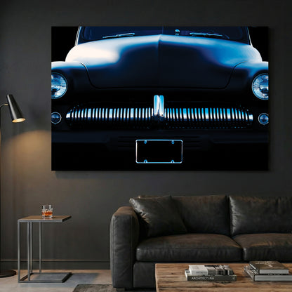 Vintage Buick Grille canvas wall art print displayed in a styled living room