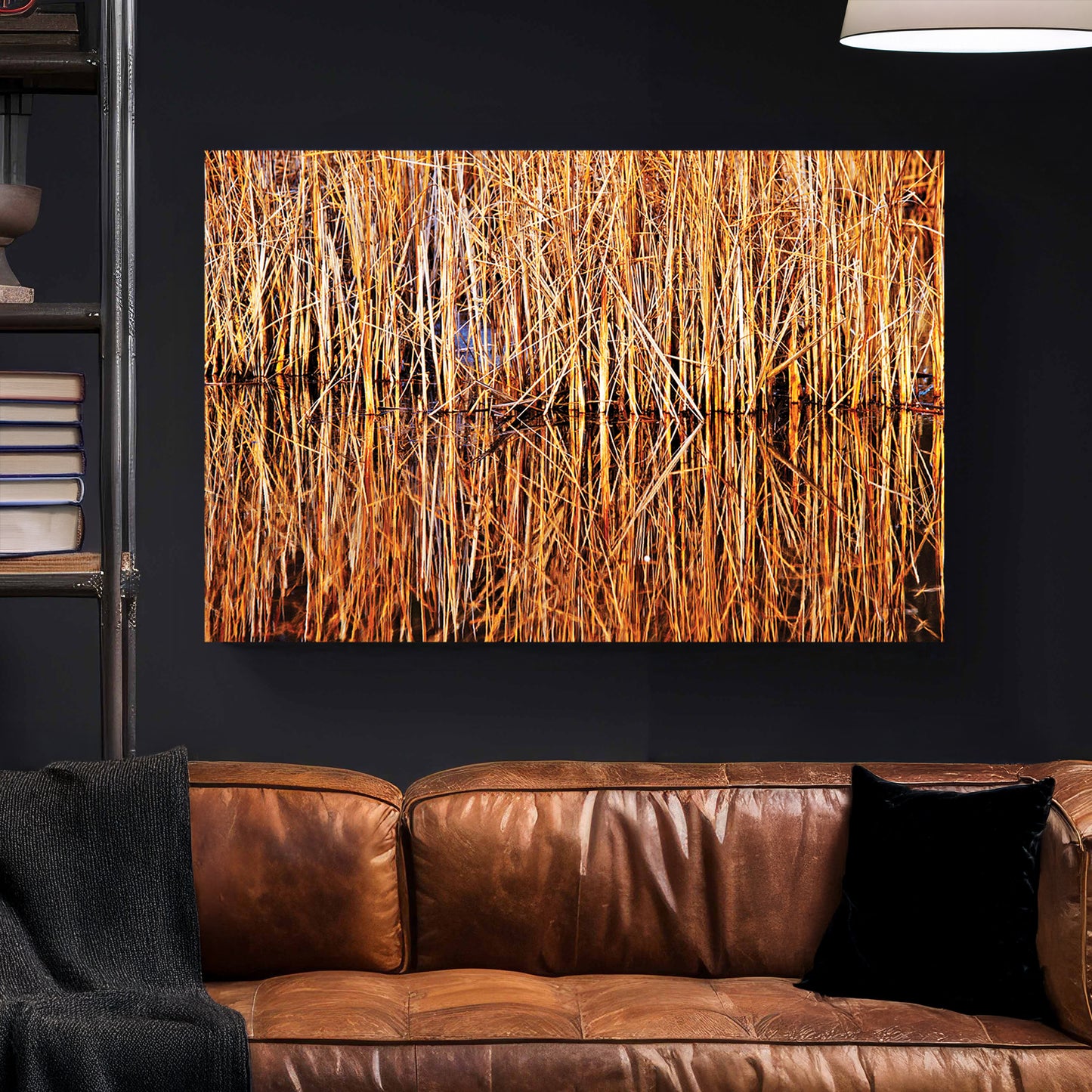 Golden Reeds Reflection canvas wall art print styled in a modern interior