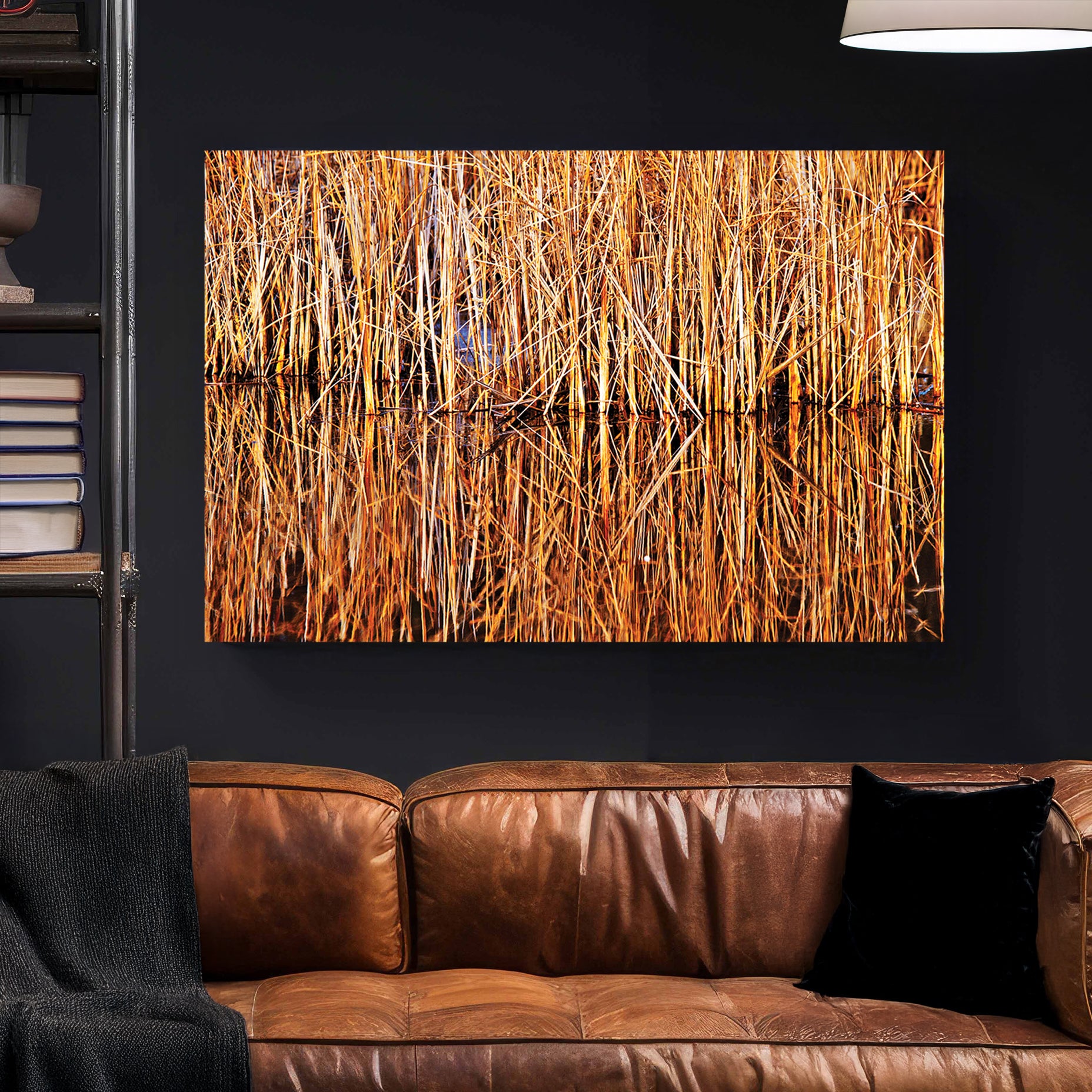 Golden Reeds Reflection canvas wall art print styled in a modern interior