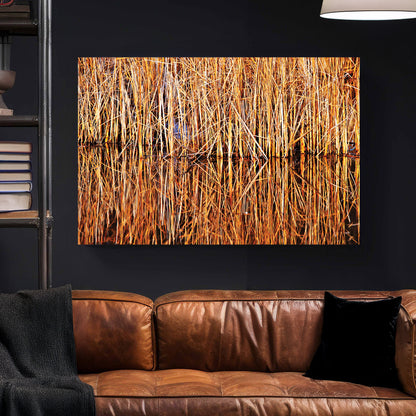 Golden Reeds Reflection canvas wall art print styled in a modern interior