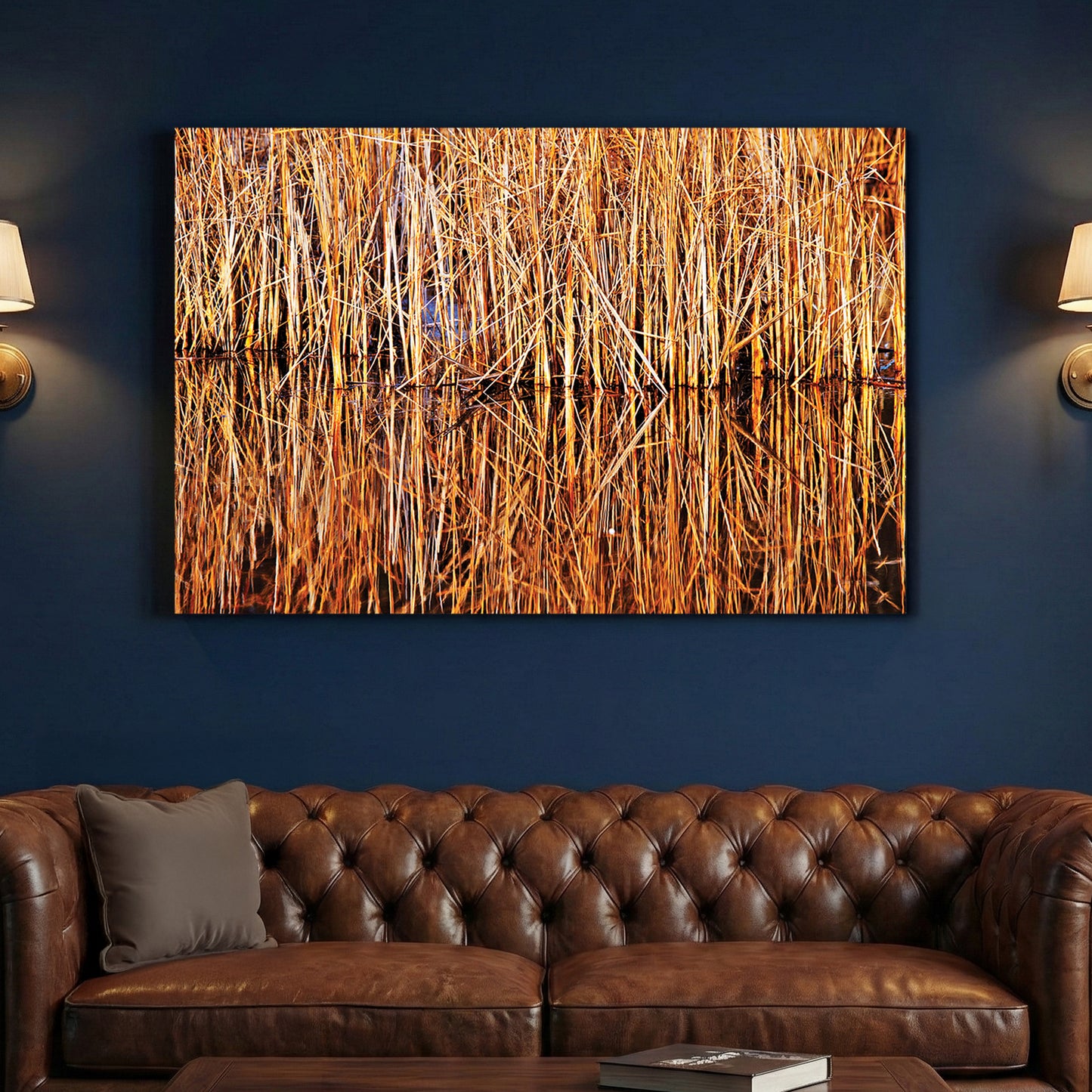 Golden Reeds Reflection canvas wall art print above a sofa in a contemporary living room