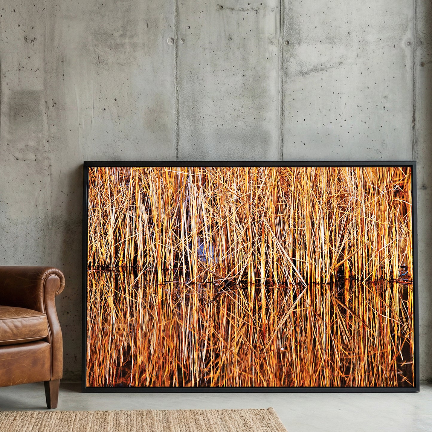 Golden Reeds Reflection framed canvas wall art print in a gallery-style display