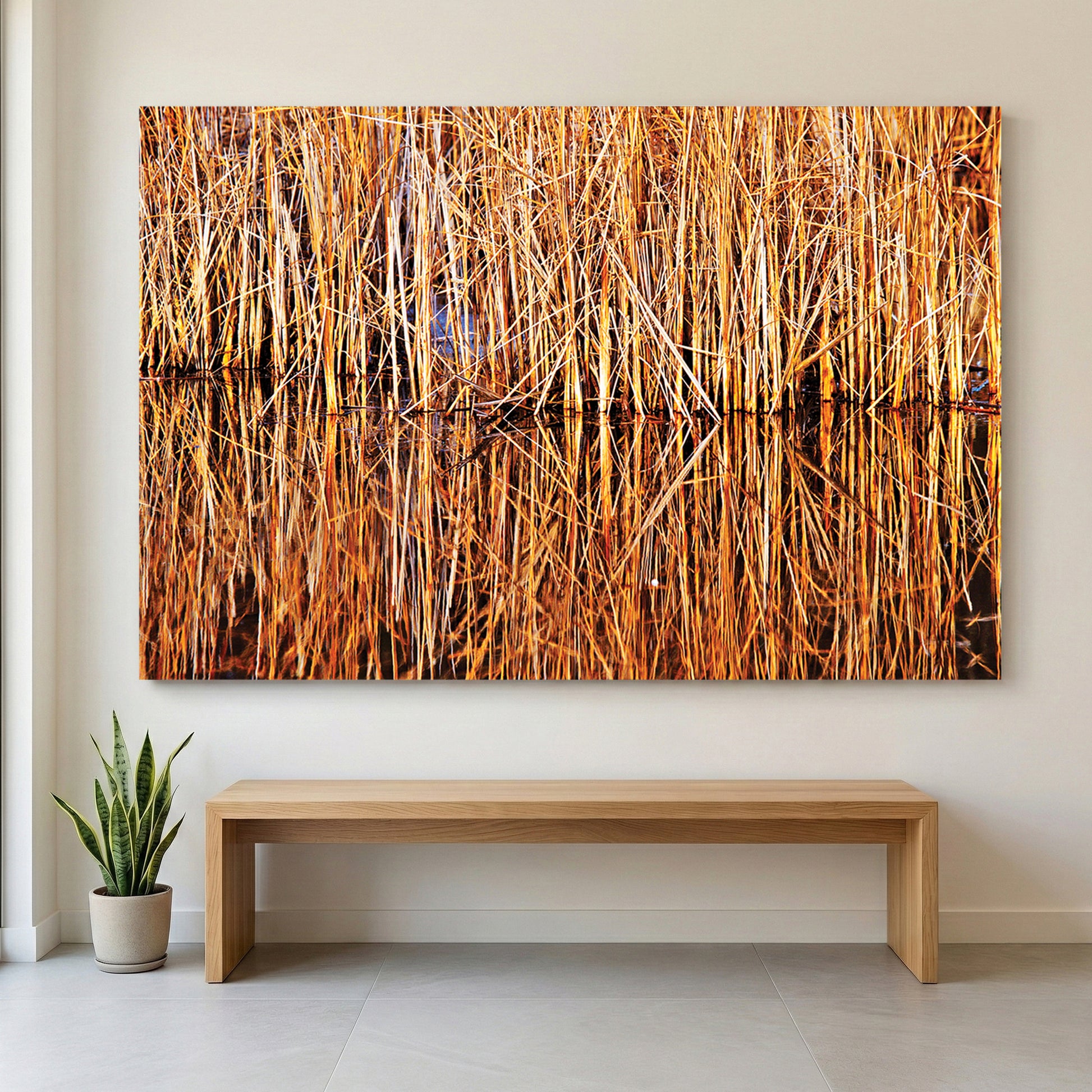 Golden Reeds Reflection canvas wall art print displayed in a styled living room