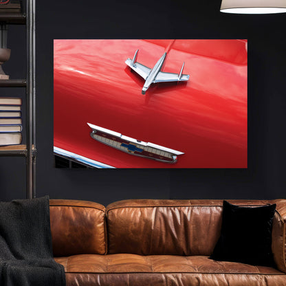 Chevy Bel Air Hood Ornament canvas wall art print styled in a modern interior