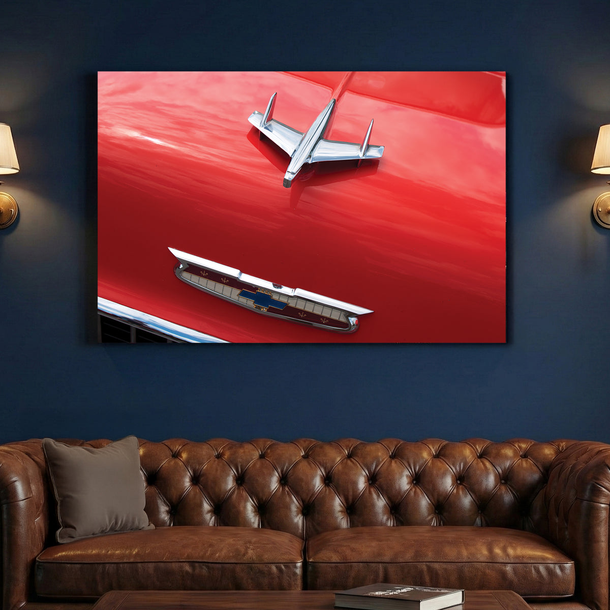 Chevy Bel Air Hood Ornament canvas wall art print above a sofa in a contemporary living room