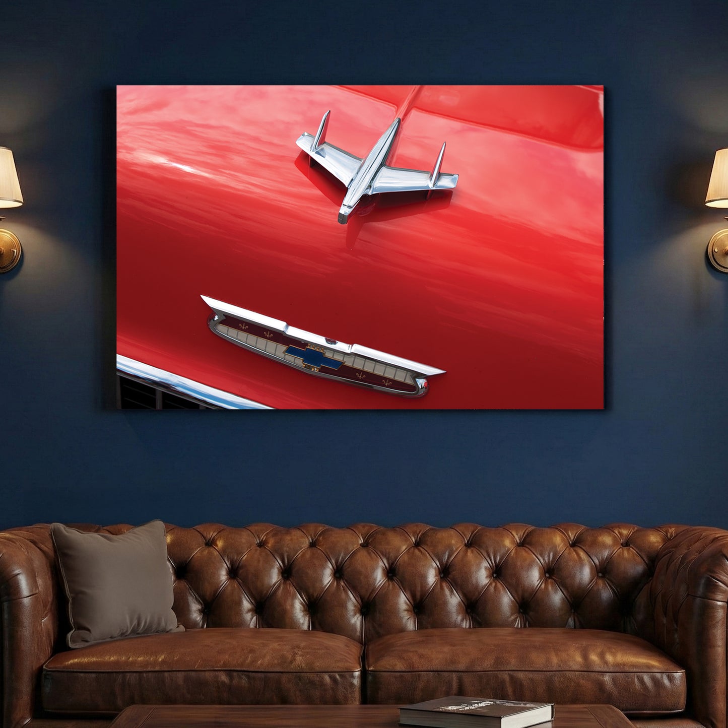 Chevy Bel Air Hood Ornament canvas wall art print above a sofa in a contemporary living room