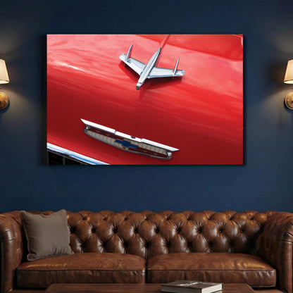 Chevy Bel Air Hood Ornament canvas wall art print above a sofa in a contemporary living room