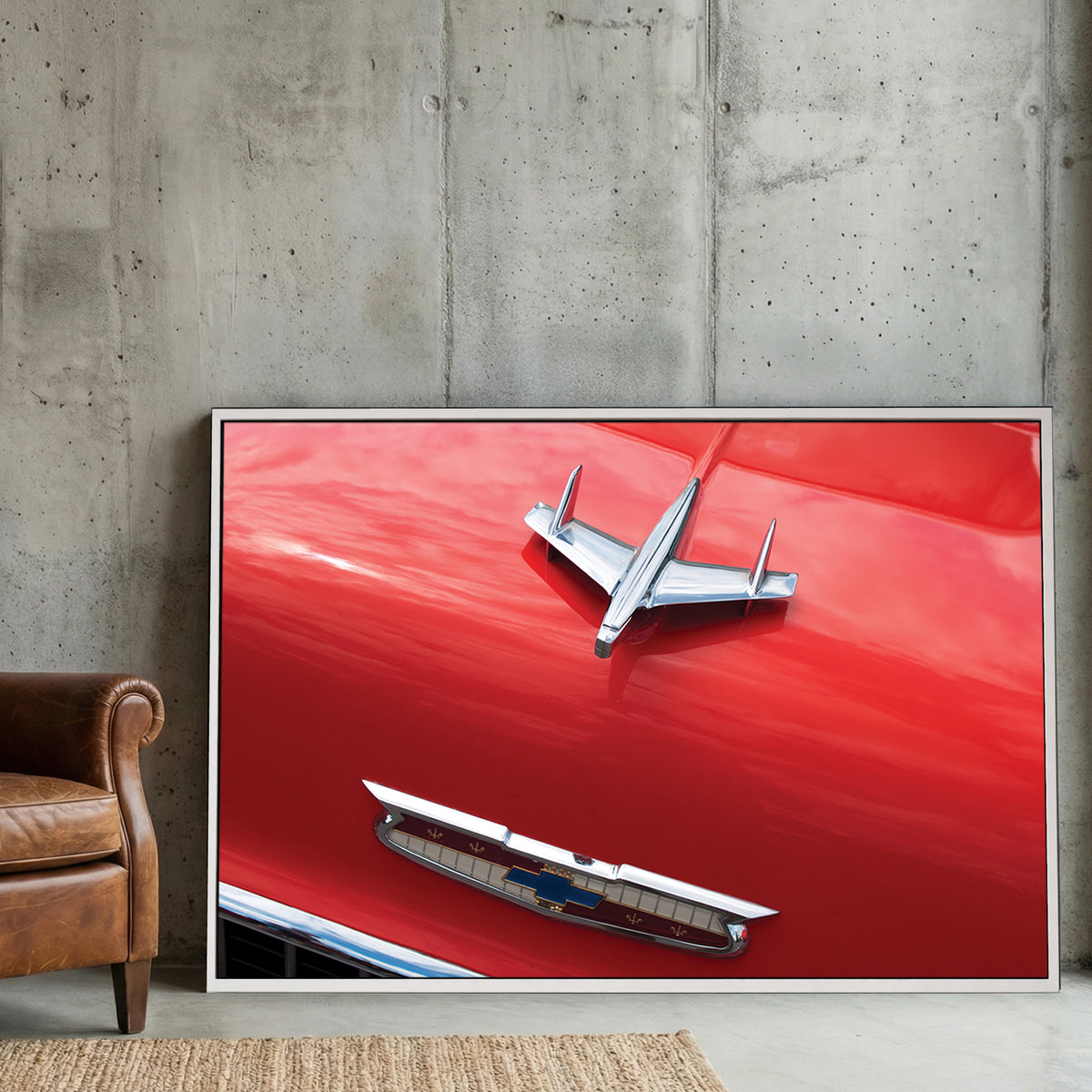 Chevy Bel Air Hood Ornament canvas wall art print displayed in a styled living room