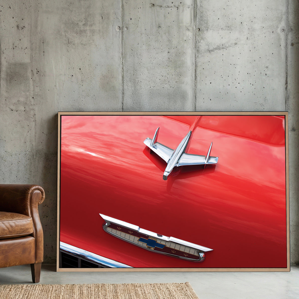 Chevy Bel Air Hood Ornament canvas wall art print displayed in a styled living room