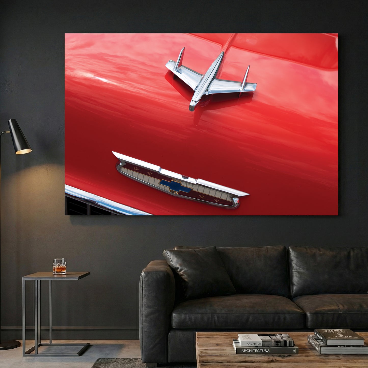 Chevy Bel Air Hood Ornament canvas wall art print displayed in a styled living room