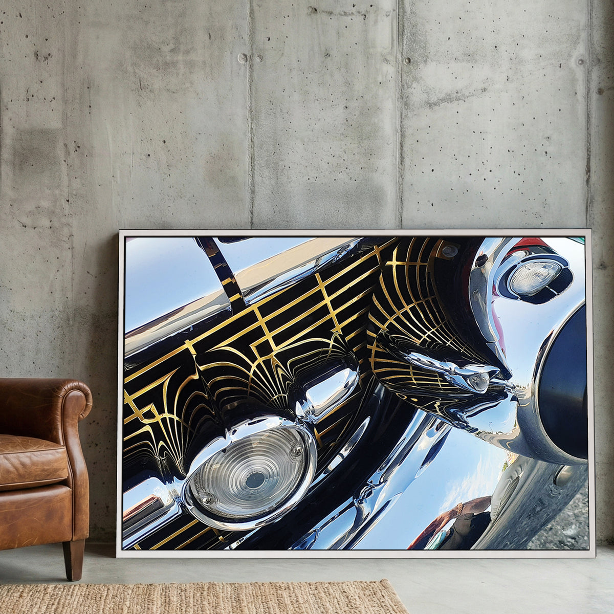Classic Chrome Grille canvas wall art print displayed in a styled living room