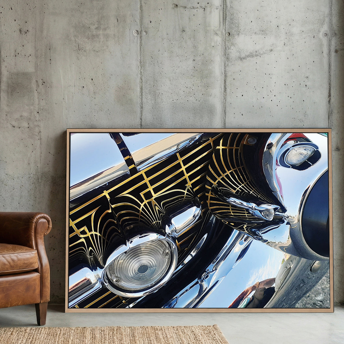 Classic Chrome Grille canvas wall art print displayed in a styled living room