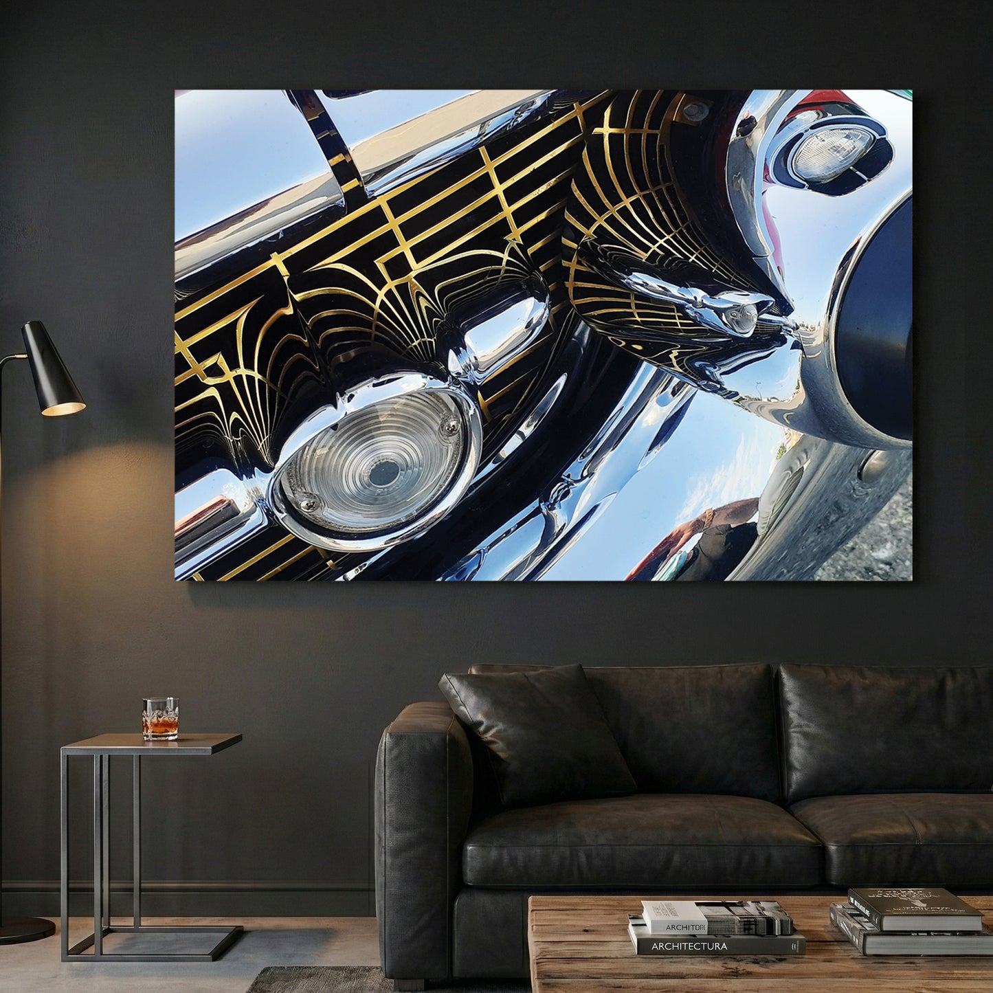 Classic Chrome Grille canvas wall art print displayed in a styled living room