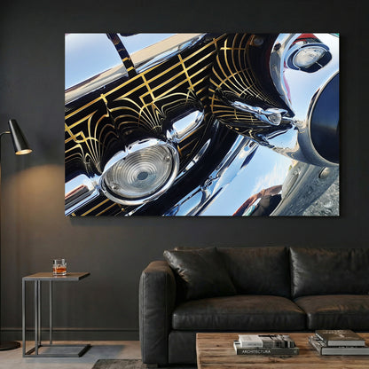 Classic Chrome Grille canvas wall art print displayed in a styled living room