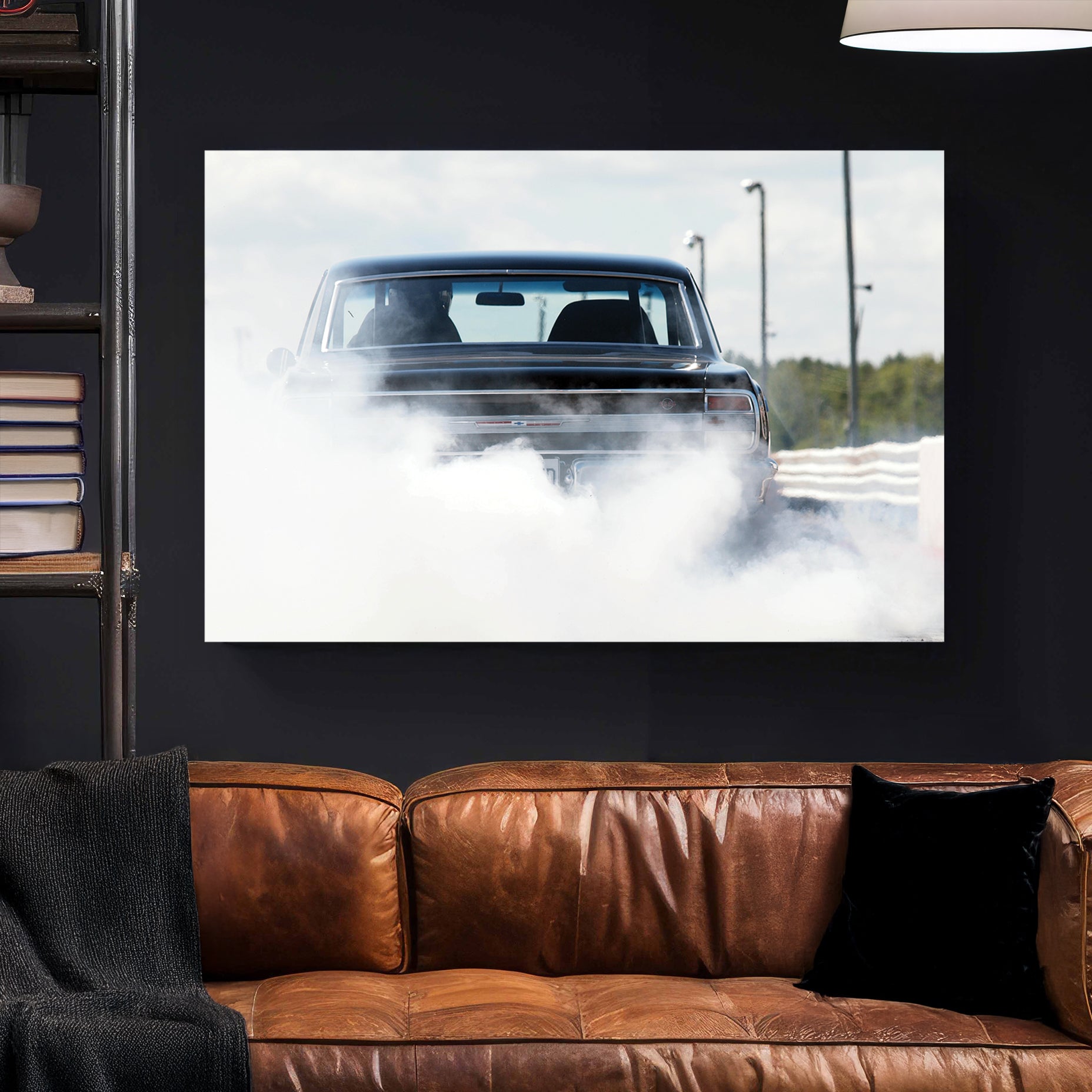 Muscle Car Burnout canvas wall art print styled in a modern interior