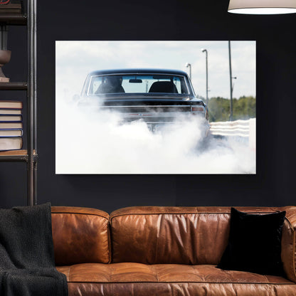 Muscle Car Burnout canvas wall art print styled in a modern interior
