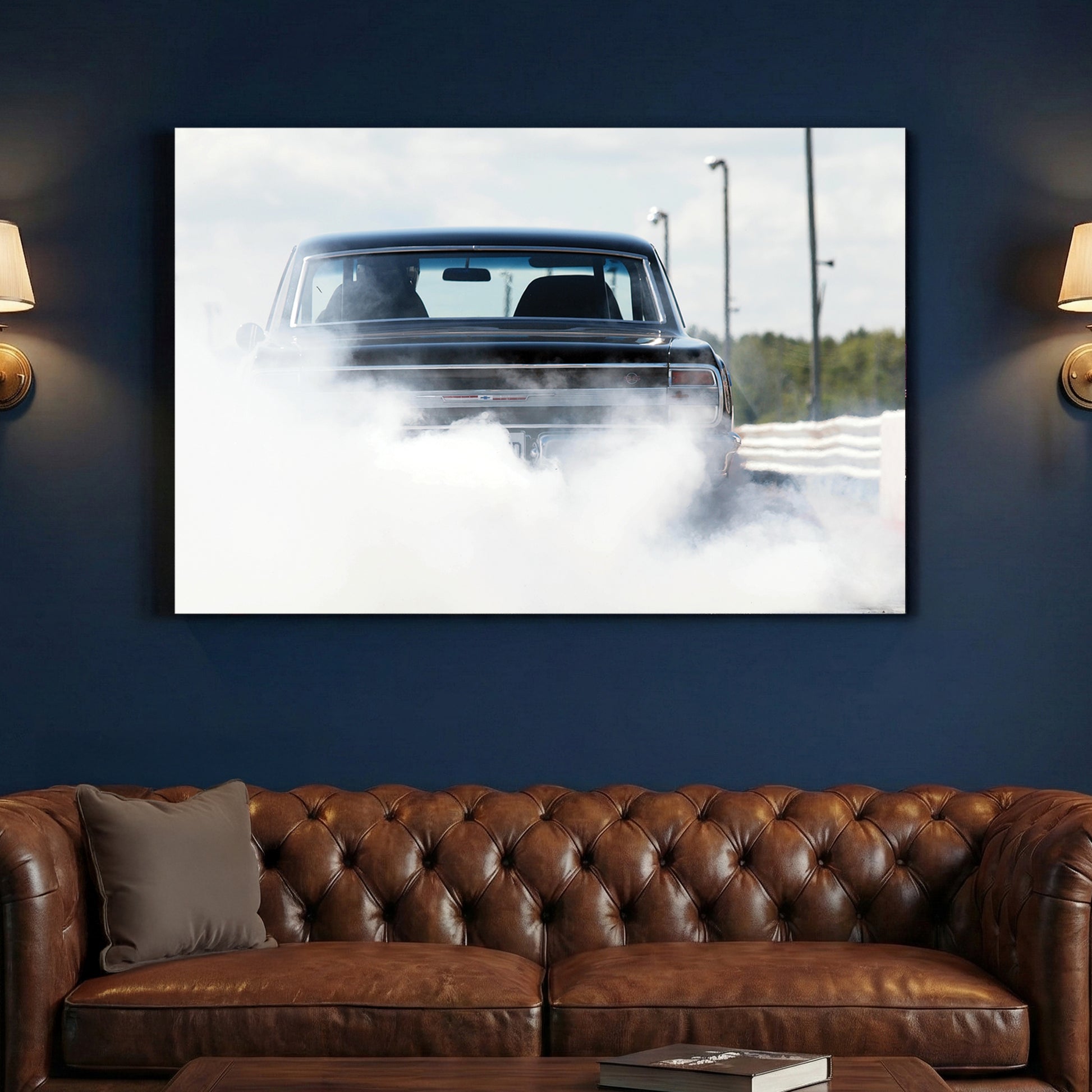 Muscle Car Burnout canvas wall art print above a sofa in a contemporary living room