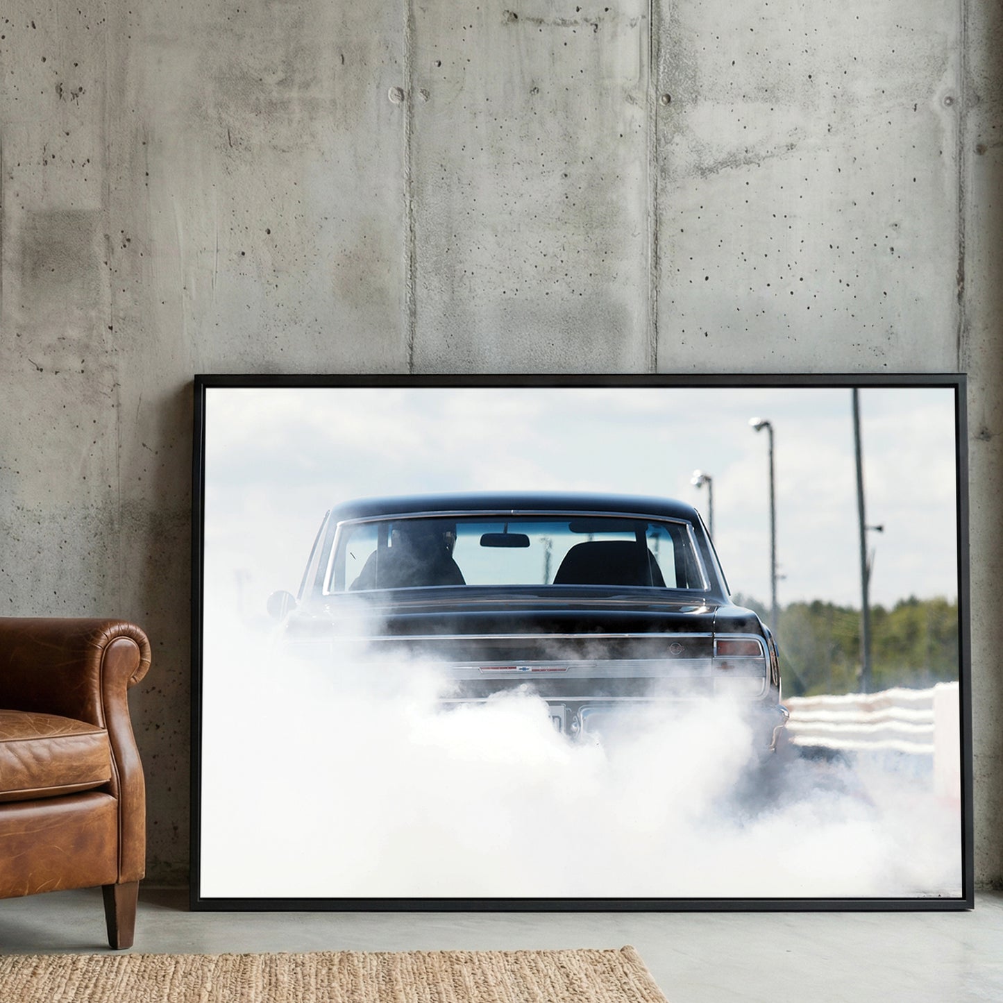 Muscle Car Burnout framed canvas wall art print in a gallery-style display