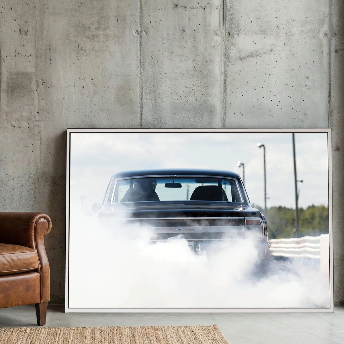 Muscle Car Burnout canvas wall art print displayed in a styled living room