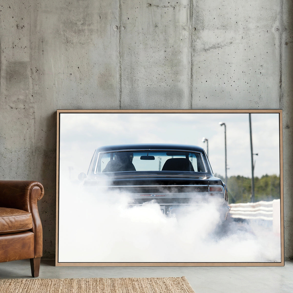 Muscle Car Burnout canvas wall art print displayed in a styled living room
