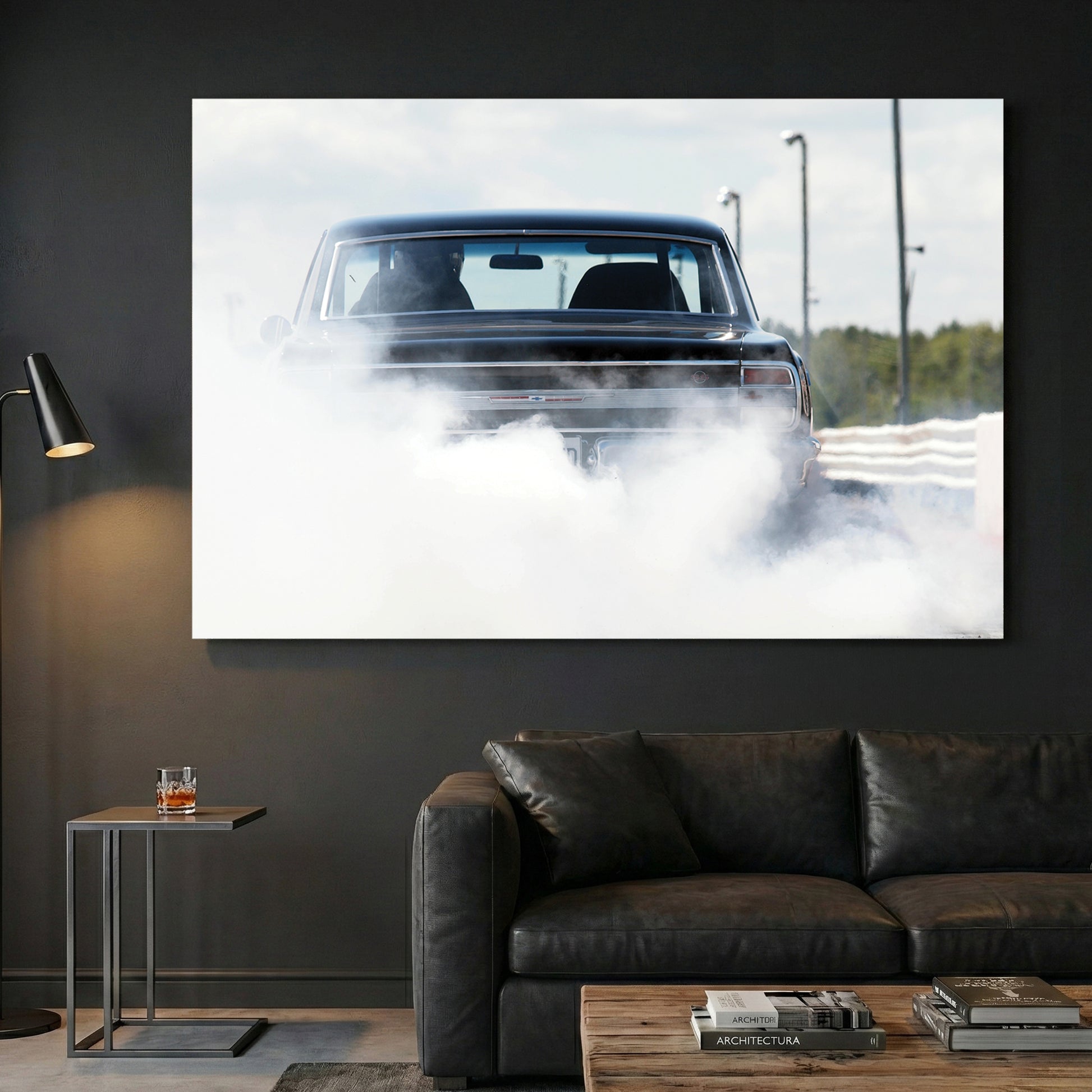 Muscle Car Burnout canvas wall art print displayed in a styled living room