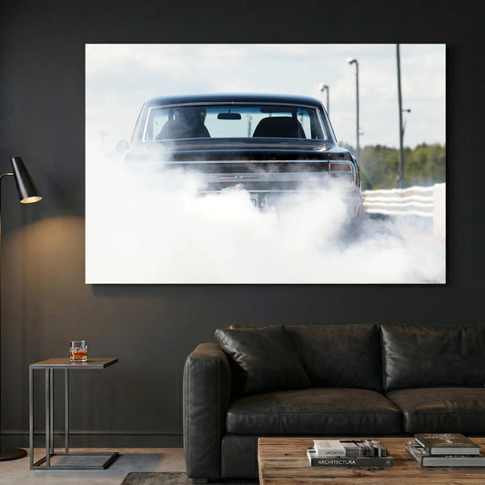 Muscle Car Burnout canvas wall art print displayed in a styled living room