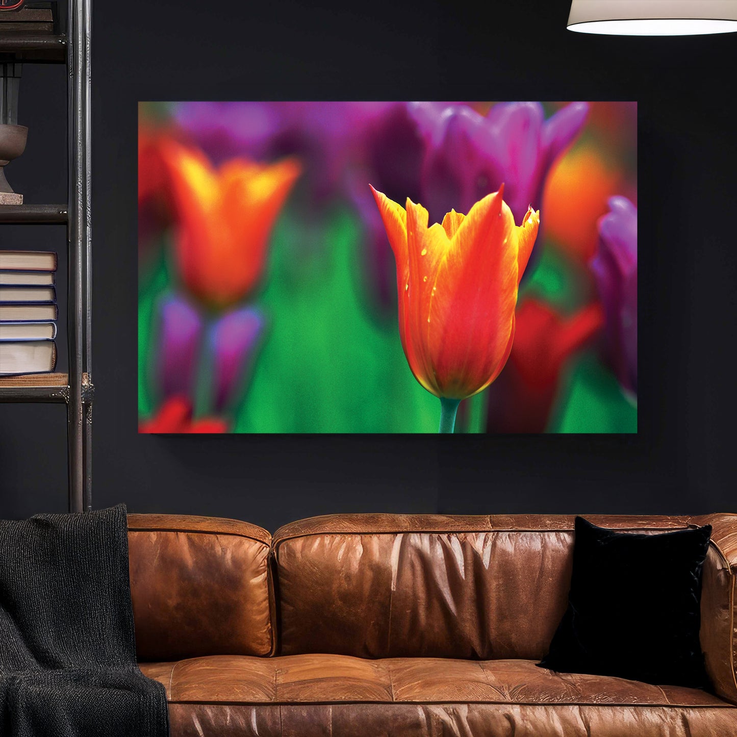 Orange Tulip Purple Bloom canvas wall art print styled in a modern interior
