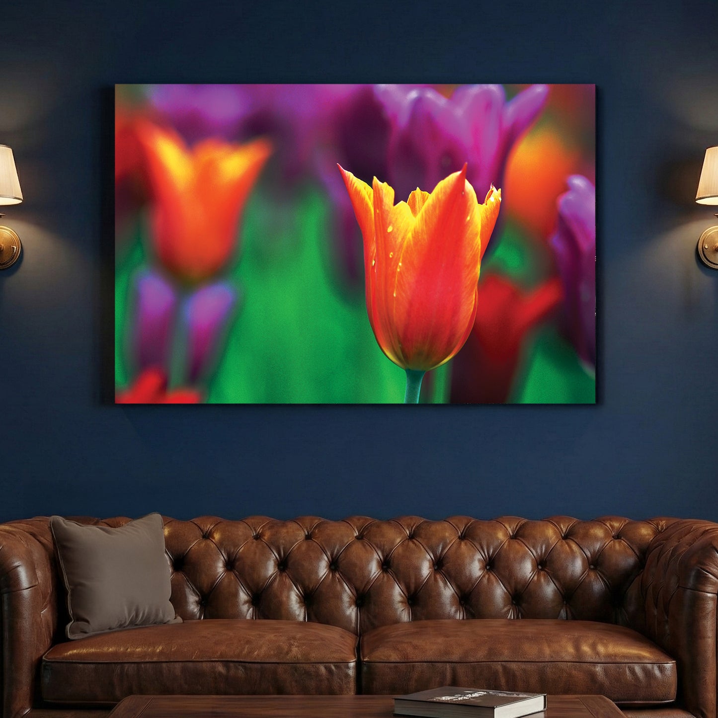 Orange Tulip Purple Bloom canvas wall art print above a sofa in a contemporary living room