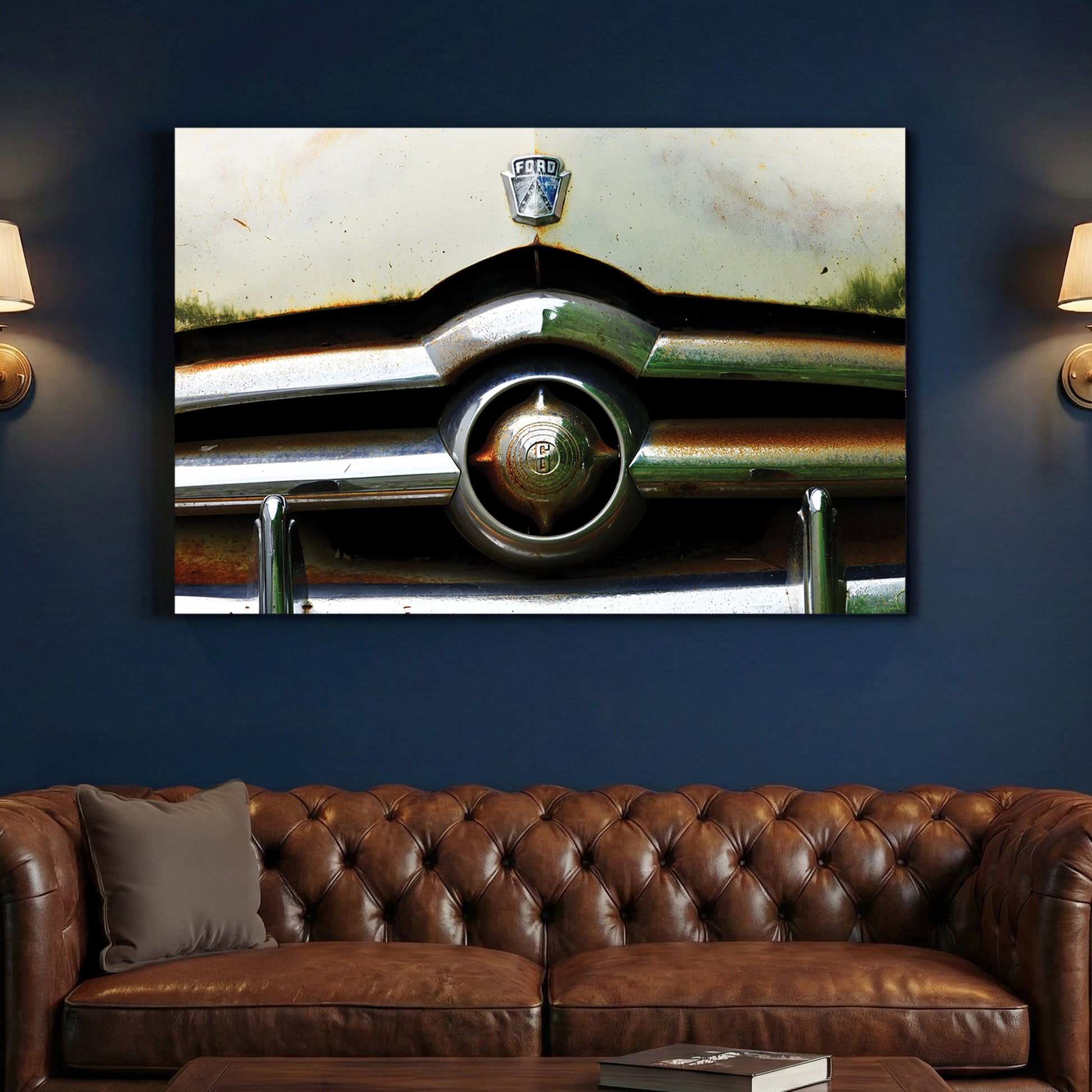 Rustic Ford Grille canvas wall art print above a sofa in a contemporary living room
