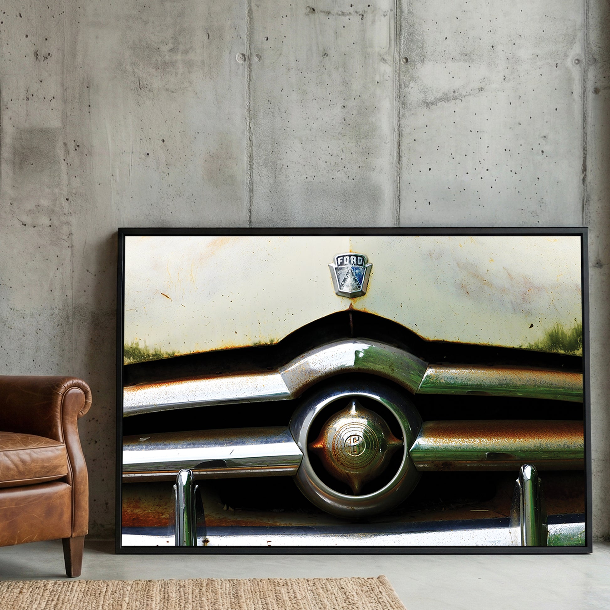 Rustic Ford Grille framed canvas wall art print in a gallery-style display