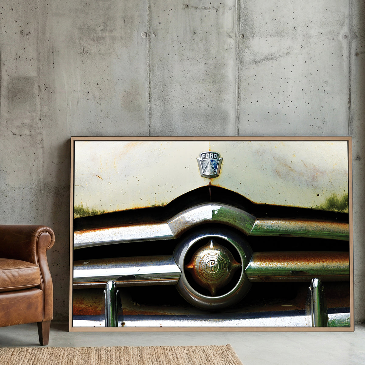Rustic Ford Grille canvas wall art print displayed in a styled living room
