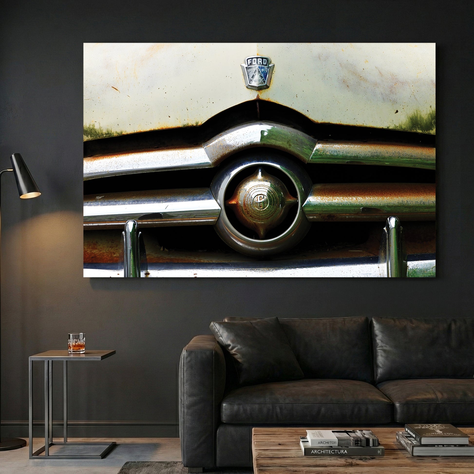Rustic Ford Grille canvas wall art print displayed in a styled living room